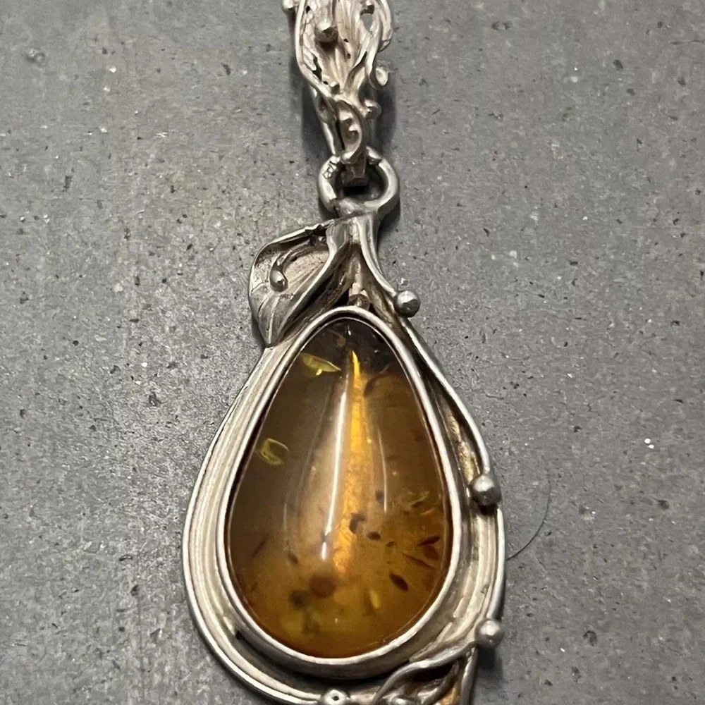 Teardrop Shaped Amber and Intricately Designed Silver Pendant - Picture 1 of 8